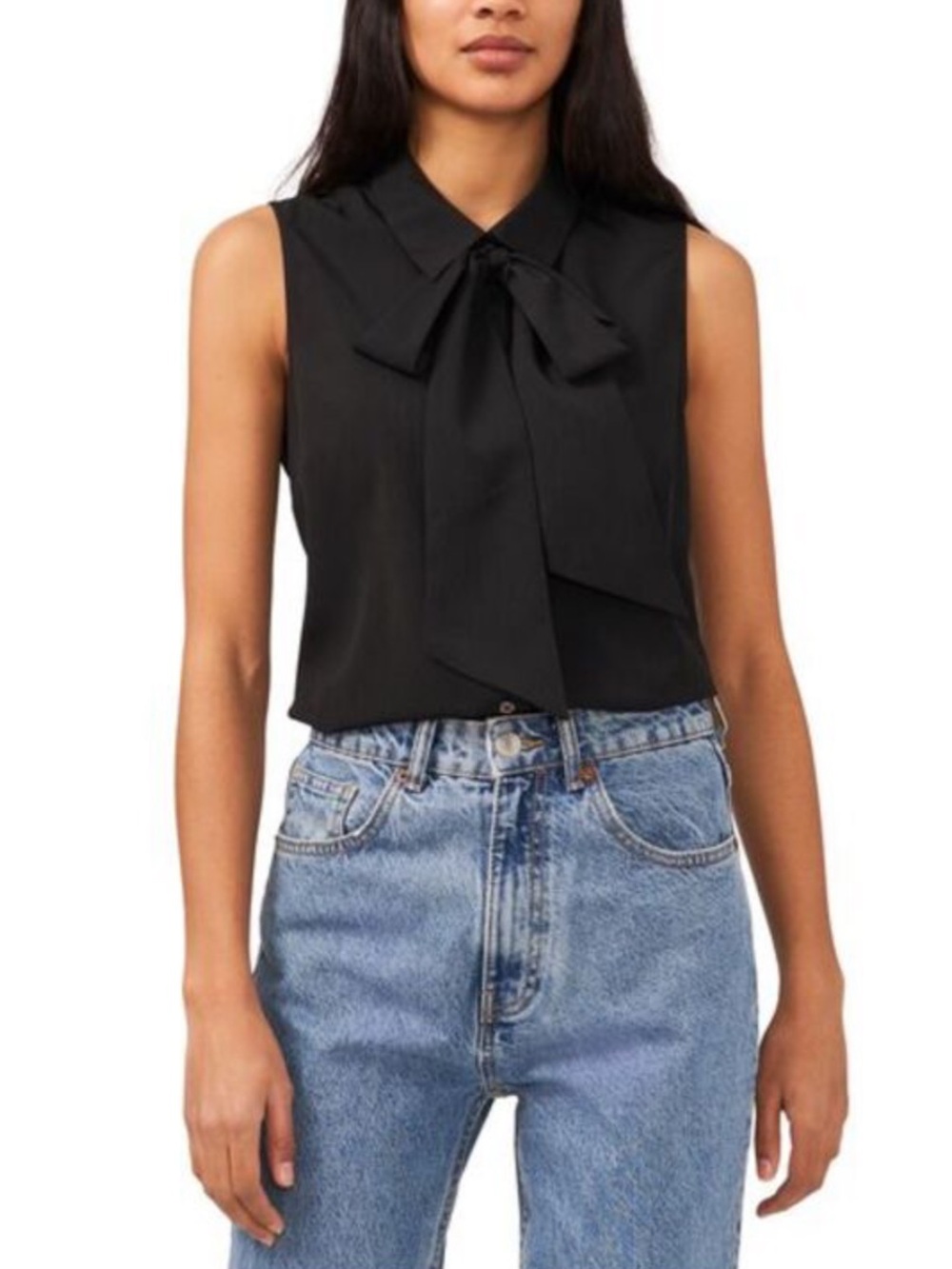 CeCe Black Sleeveless Georgette Bow Tie Neck Button Up Collared Blouse M NWT